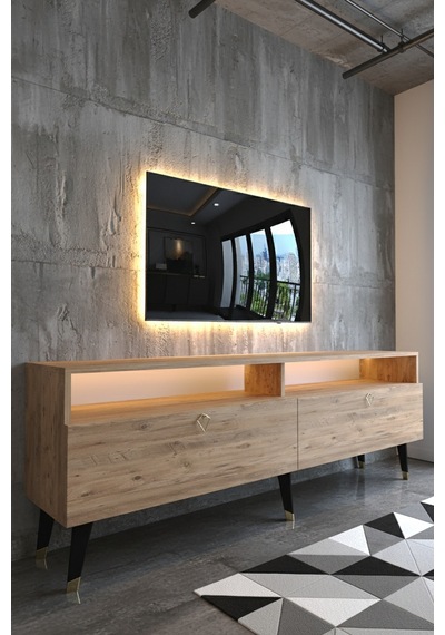 Resital Ledli Tv Sehpası - Led Işıklı - Gold Çam - Gl9016-6 Atlantik Çam