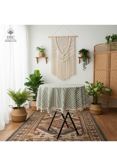 Dnc Home Tekstil Keten Yeşil Çizgili Ham Ponponlu Yuvarlak Masa Örtüsü Yeşil