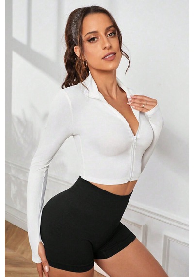 Kadın Beyaz Uzun Kol Fermuarlı Parmak Geçme Detaylı Dik Yaka Crop Top Bluz