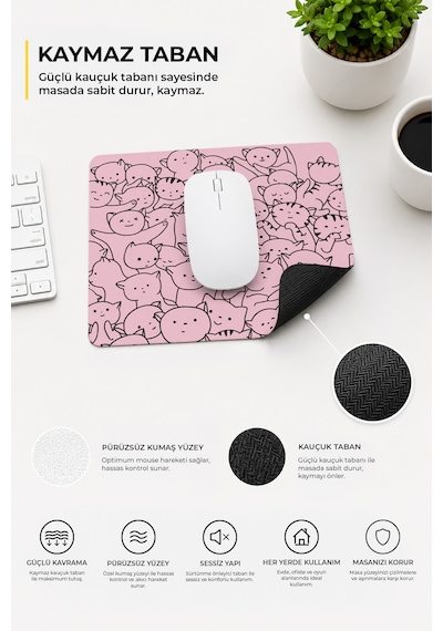 Sevimli Kediler Pembe Mouse Pad - 23 Cm X 19 Cm - Kaydırmaz Taban Ev Ve Ofis Kullanımı Mousepad