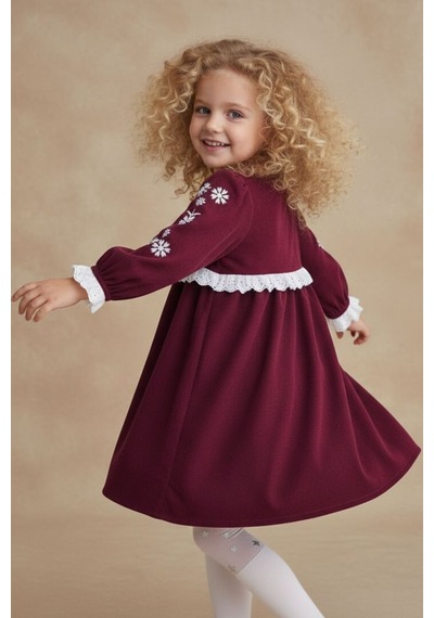 Mnk Baby & Kids Fisto Detaylı Kollar Nakışlı Otantik Kız Çocuk Elbise M00795 Bordo