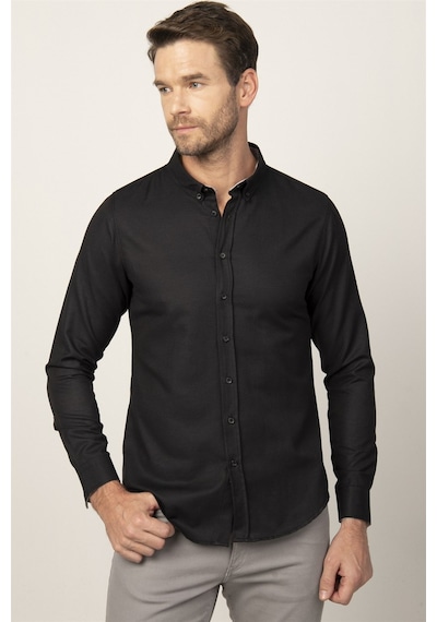 Tudors Slim Fit Dar Kesim Oxford Spor Erkek Gömlek-20619 Siyah