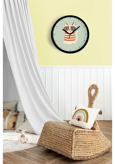 Kedi Tasarım Modern Duvar Saati - 25cm - Önü Camlı Siyah Kasa - Sessiz Mekanizma-jh0235 Siyah