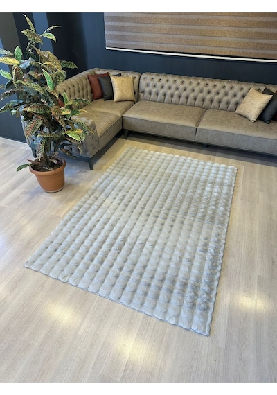 Aries Home Tavşan Tüyü Yumuşak Keçeleşmez Dekoratif Bubble İthal Kalite Post Halı Gri