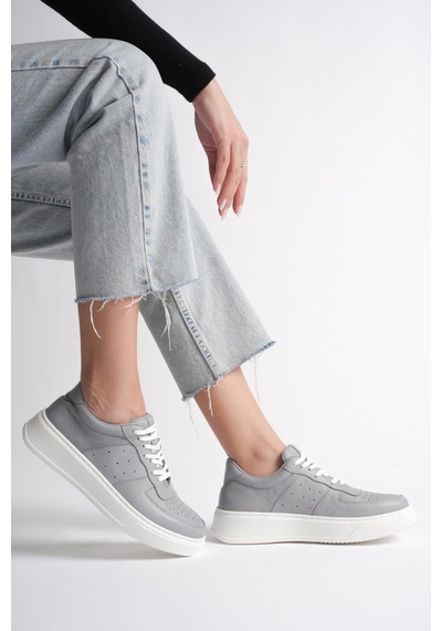 Analin Shoes Kadın Hakiki Deri Sneaker Bağcıklı Spor Ayakkabı Gri