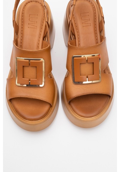 Luvishoes Lucıa Taba Tokalı Hakiki Deri Kadın Dolgu Topuklu Sandalet Taba