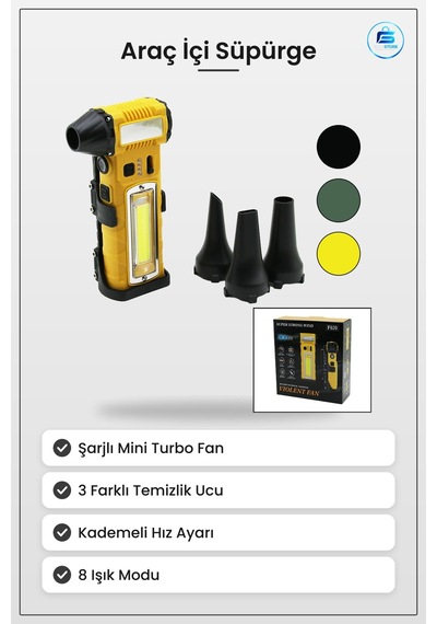 Araç İçi Süpürge Şarjlı Mini Turbo Fan 3 Uç Kademeli Hız Fenerli