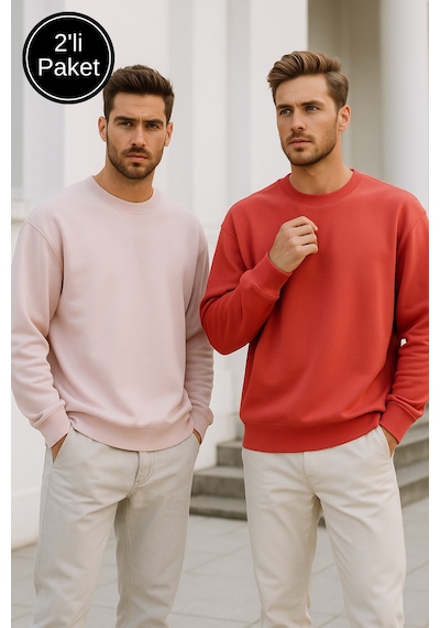 Rich Erkek 2'li Paket Nar Çiçeği - Pudra Bisiklet Yaka Scuba Basic Sweatshirt Pudra