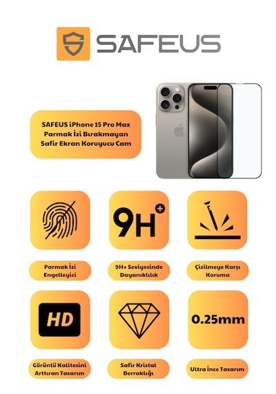 Safeus Tam Kaplayan Parmak İzi Bırakmayan Safir Ekran Koruyucu Cam Apple Uyumlu iPhone 15 Pro Max İle