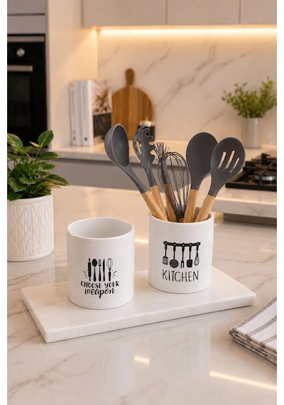 Beyaz Porselen Loza Kaşıklık Mutfak Üstü Organizer