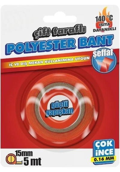 Çift Taraflı Polyester Bant 140 Derece Isıya Dayanıklı15mmx5mt- 0,16mm İncelik