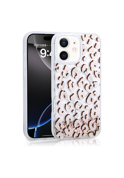 Apple Uyumlu iPhone 12 Kılıf Sıvılı Simli Baskılı Şeffaf Arka Yüzey Zore Mossa Silikon Kapak Pembe