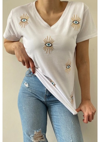 Cassime Kadın Beyaz V Yaka Göz Pul Ve Nakış Işlemeli Tişört S-m-l-xl-2xl-3xl