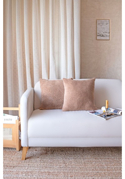 İskandinav Bohem 2'li Kırlent Kılıfı Modern Dekoratif Salon Koltuk Yastık Kılıfı 55x55 cm Teddy Puffy Bej