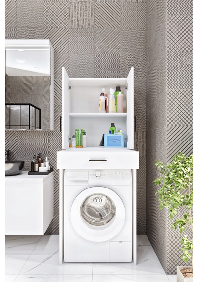 Ases Mobilya Esl0240 Çamaşır Makinesi Dolabı Banyo Çok Amaçlı Dolap 2 Kapaklı Beyaz Beyaz