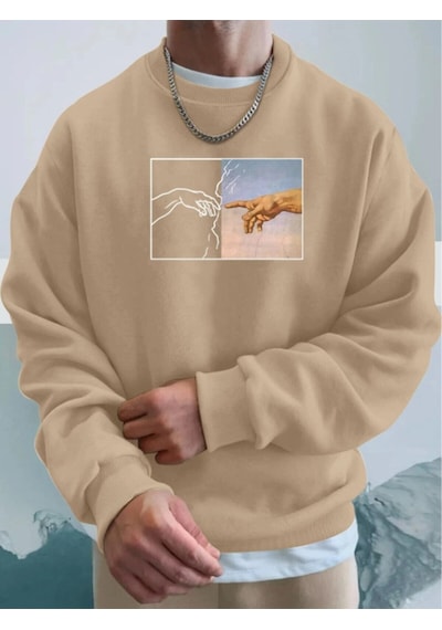 Startmore Kahverengi Unisex Kadın/erkek Hands Renkli Oversize Bisiklet Yaka Pamuklu