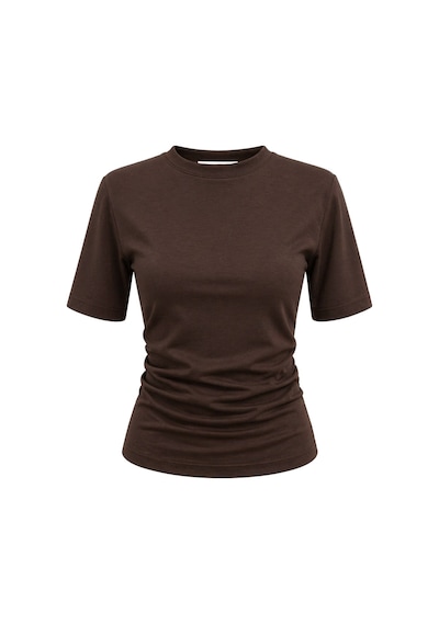 Mixray 2095 Kadın Büzgü Detaylı Arkası Yırtmaçlı Basic T-shirt Kahve Kahverengi
