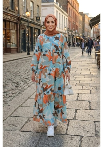Hb Harma Time Butik Kadın Rahat Kesim Desenli Modal Kumaş Mavi Elbise Mavi Mavi