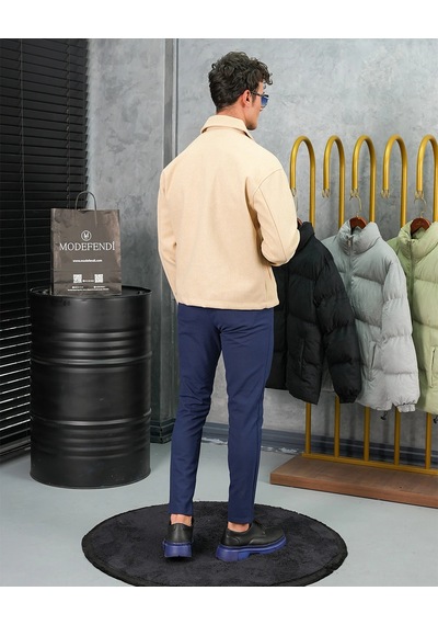 Modefendi Orta Slim Fit Düğme Detaylı Kaşmir Kaban Bej