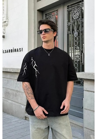 Erkek Kısa Kol Tişört Bisiklet Yaka Yıldırım Baskılı Oversize T-shirt - Siyah