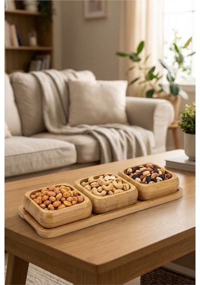 Makri Home Bambu 3'lü Çerezlik & Kuruyemiş Sunum Seti Kare Tepsili, Doğal Ahşap Servis Kasesi Bambu
