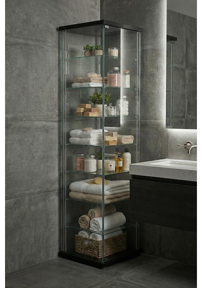 Cam Raflı Kapaklı Düzenleyici Banyo Dolabı Çok Amaçlı Lavabo Malzeme Dolap Havluluk Organizer Siyah 7 Raf