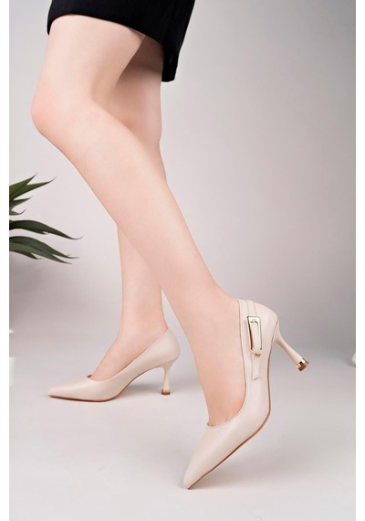 Aymood Ten Cilt Yandan Gold Tokalı Günlük Şık Stiletto Bej