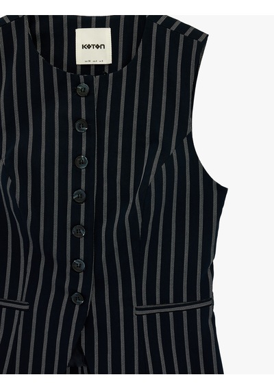 Koton Slim Fit Düğmeli Cepli Bisiklet Yaka Çizgili Blazer Yelek Lacivert Çizgili 6sak20143ew 7s2