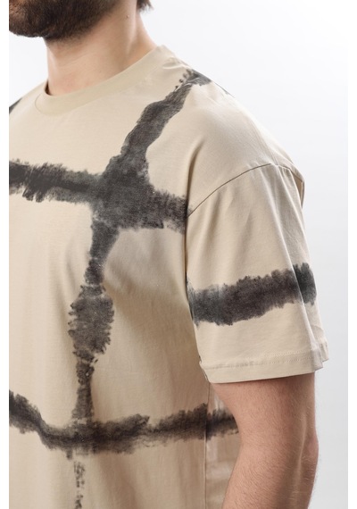 Madmext Bej Bisiklet Yaka Baskılı Basic Erkek T-shirt E7109 Bej