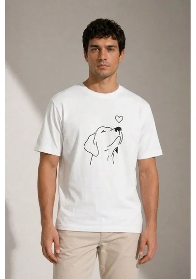 Defymoda Erkek Köpek Figürlü Minimal Baskılı Tişört Kısa Kol Yazlık T-shirt - Beyaz
