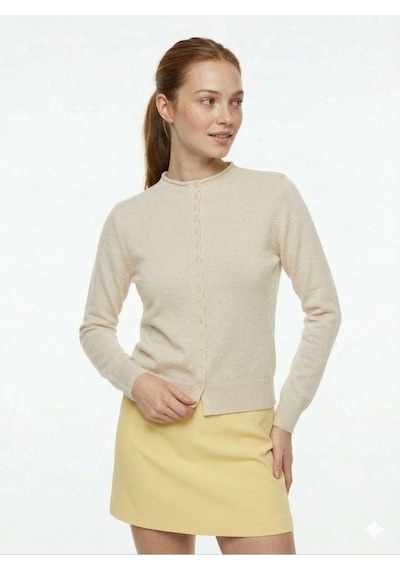 Kadın Acı Kahve Slim Fit Dar Kesim Düğmeli Bisiklet Yaka Triko Hırka Ekru