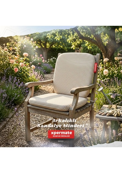 Pötikare Sırtlıklı Sandalye Minderi 42x42 Fermuarlı Yıkanabilir Kılıf Bağcıklı Minder Standart Fit Bej