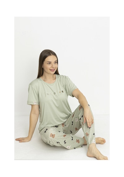 Estiva Kadın Ayıcık Alt Desenli Kısa Kollu Soft Pijama Takımı Yeşil