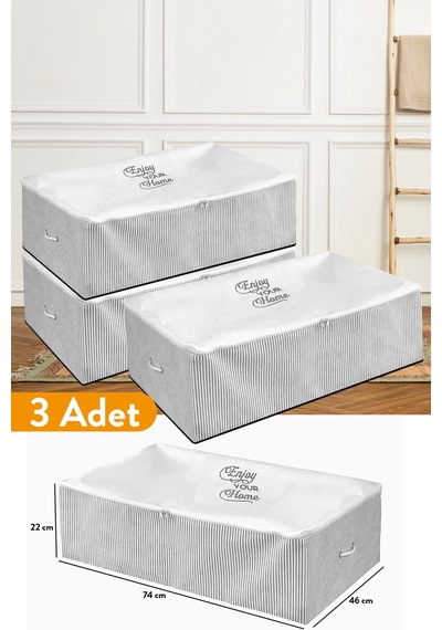 Serstil 3 Adet - Mega Boy Baza Altı Gri Çizgili Hurç 74 X 46 X 22 Cm