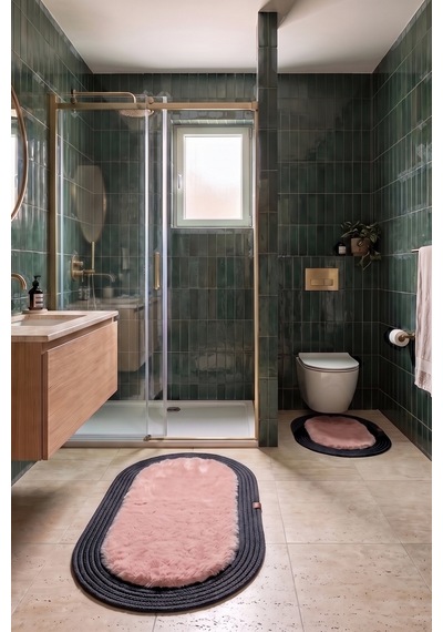 Banyo Paspası Takımı 60x100+40x60 Cm Düz Pembe & Antrasit Gri