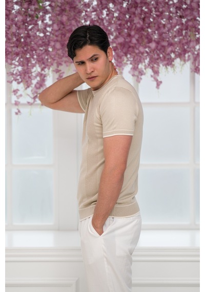 Advante Slimfit Kolları Lastikli Likralı Desenli Bisiklet Yaka Triko T-shirt Krem