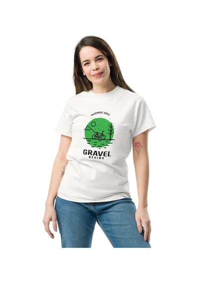 Wildstyle Gravel Begins Dağ Bisikleti Doğa Yol Macera Baskılı Unisex Bisiklet Yaka Pamuklu Tişört Beyaz
