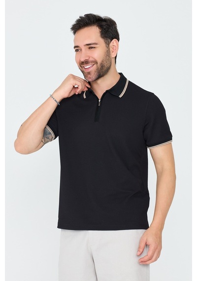 Siyah Erkek Fermuarlı Polo Yaka Tişört