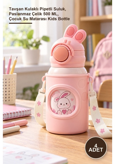 4 Adet Çocuk Termosu Tavşan Kulaklı Pipetli Suluk, Paslanmaz Çelik 500 Ml, Çocuk Su Matarası Kids Bottle