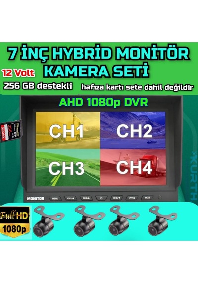 Ahd 1080p 4 Adet Kelebek Kameralı 256 Gb 7 İnç Hybrid Dvr Moni...