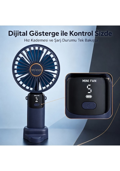 Şarjlı El Vantilatörü 5 Kademeli, Katlanabilir Dijital Ekranlı Mini El Fanı, 1200 Mah, 5 Pervaneli Güçlü Hava Akışı, Standlı Masaüstü Fan, Usb Şarjlı - Lacivert