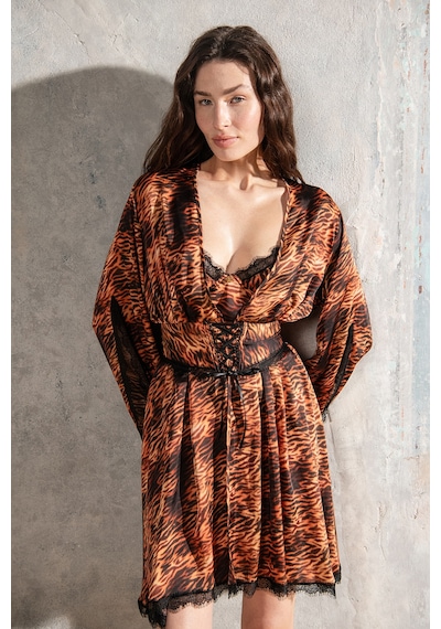 Lioran Desenli Dantel Detaylı Kısa Saten Sabahlık / Kimono Çok Renkli