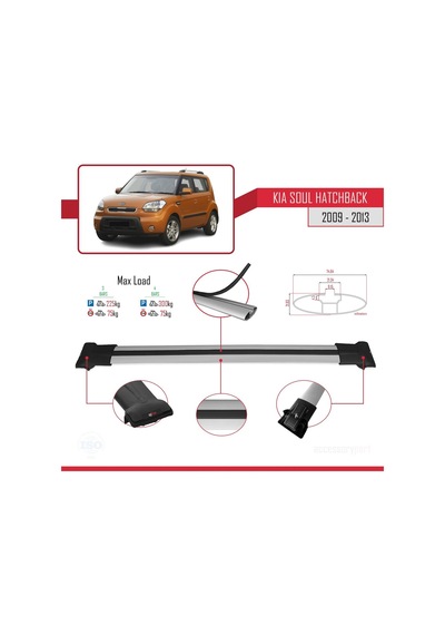 Kia Soul Hatchback 2009-2013 Arası İle Uyumlu Fly Model Ara Atkı Tavan Barı Gri 3 Adet Bar