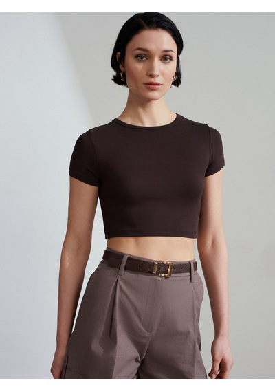 Dilvin 31104 Crop T-shirt-koyu Kahve Kahverengi