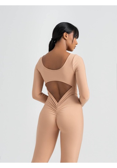 Lismina Ten Rengi Uzun Kollu Arkası Büzgülü Scrunch Butt Spor Tulum Ten Rengi