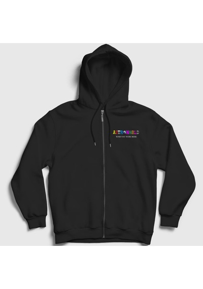 Presmono Unisex Astroworld V4 Travis Scott Fermuarlı Kapüşonlu Sweatshirt Siyah