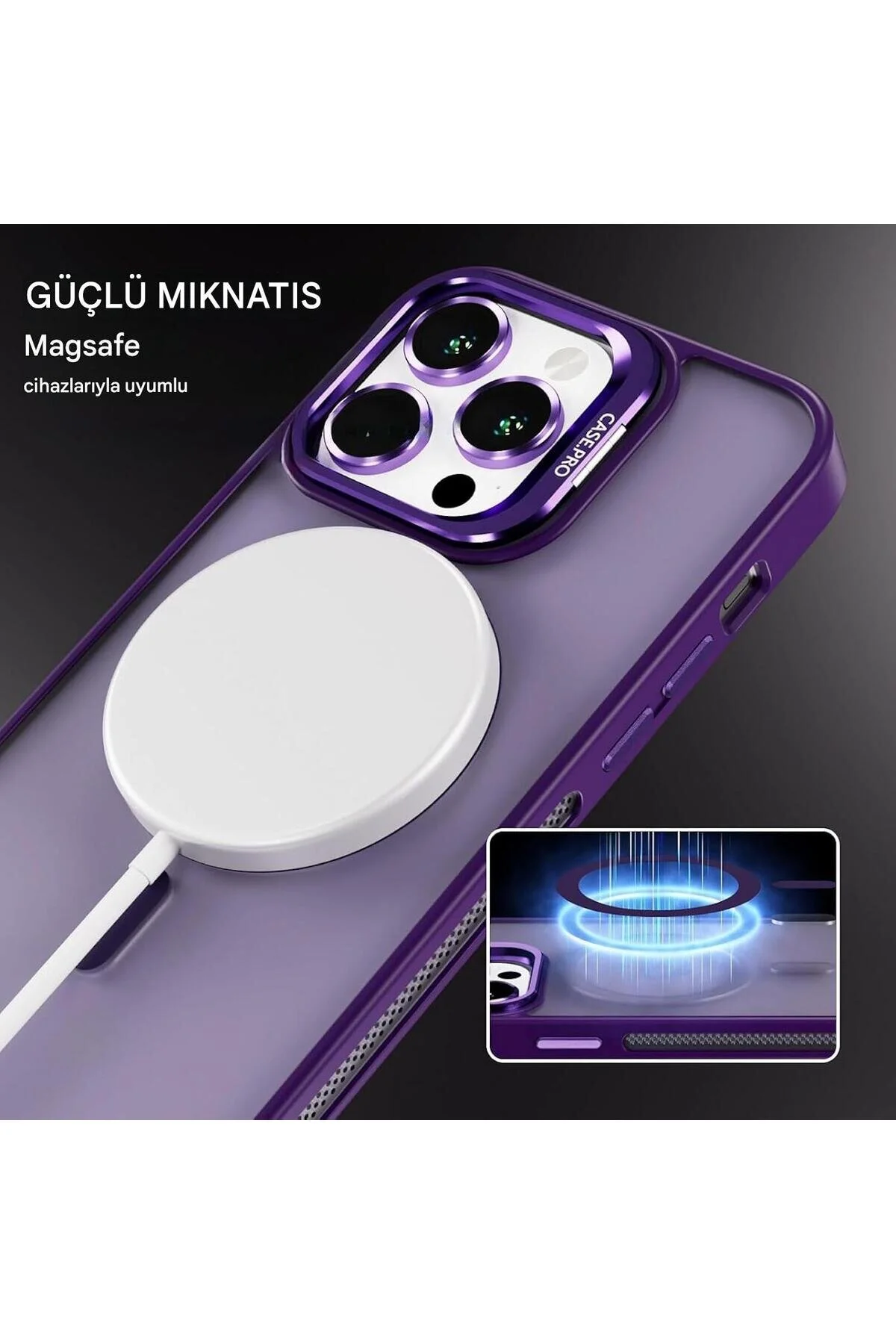 İphone 14 Pro Max Uyumlu Magsafe Kılıf Mıknatıslı Standlı Darbeye Dayanıklı Mat Şeffaf Arka Kapak Lens li mor