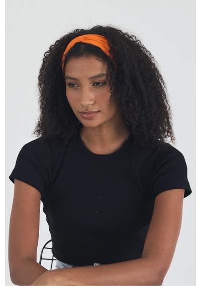 Butikgiz Siyah Kısa Kol Bisiklet Yaka Vücuda Oturan Kaşkorse Crop + Bandana Set %100 Pamumklu, Esnek Rahat Siyah-Turuncu
