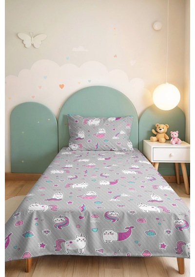Evimde Bambaşka Gri Unicorn Kız Çocuk Pike Takımı - Pastel Pembe Mint Bebek Odası Mevsimlik Yatak Örtüsü-160x220  CM