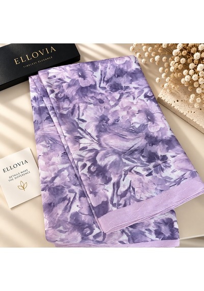 Ellovia Lila Çiçek Desenli İpek Eşarp